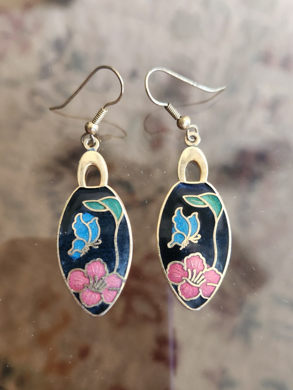 Handcrafted Floral Cloisonné Drop Earrings in Blue and Pink